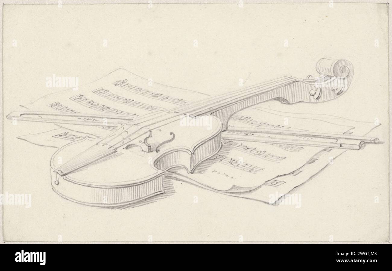 Stillleben mit Violine, Bogen und Noten, Pieter de Goeje, um 1810 Zeichenpapier. Kreidestillleben verwandter Objekte. Violine, Geige Stockfoto