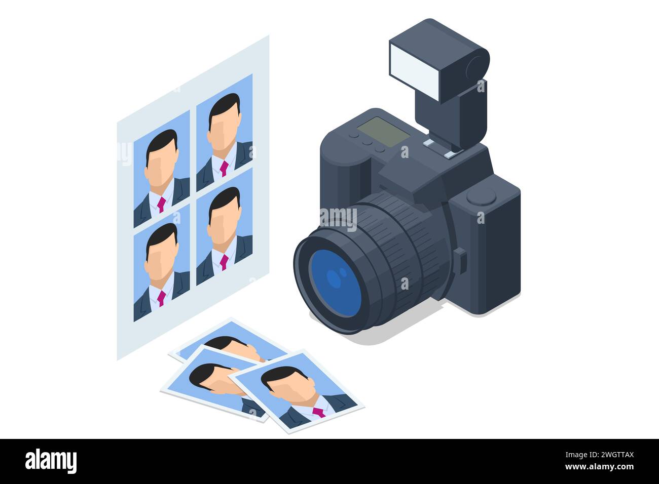 Professionelle isometrische DSLR-Fotokamera, Digitalkamera. Medientechnologie und Fotokonzept Stock Vektor