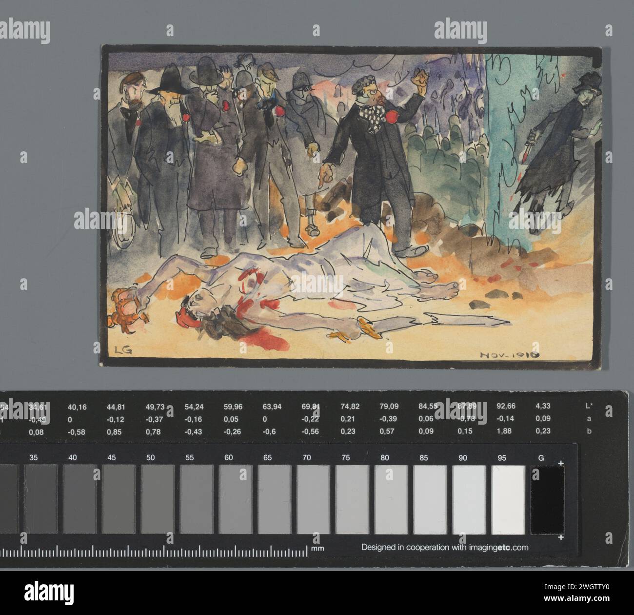 Postkarte an Jan Ponstijn, Leo Gestel, 1918 Postkarte mit Zeichnung einer Gruppe von Männern, die den blutigen Körper einer Frau in einem weißen Kleid betrachten. Die Frau hat ein gebrochenes Schwert in der einen Hand und eine gebrochene Krone in der anderen Hand. Einer der Männer in der Gruppe zeigt auf ihren Körper und wendet seine Faust auf einen Mann mit grünlicher Hautfarbe, der in einen ausgefransten schwarzen Mantel gekleidet ist und mit einem blutigen Messer davonläuft. Postkarte ist Teil eines Albums. Bergen-Karton. Tinte. Aquarell (Farbe). Deckfarbe. Bleistift / Pinsel / Schreiben (Prozesse) Hacker und Schub Waffen. Symbole, Allegorien des Krieges; 'Guerra Stockfoto