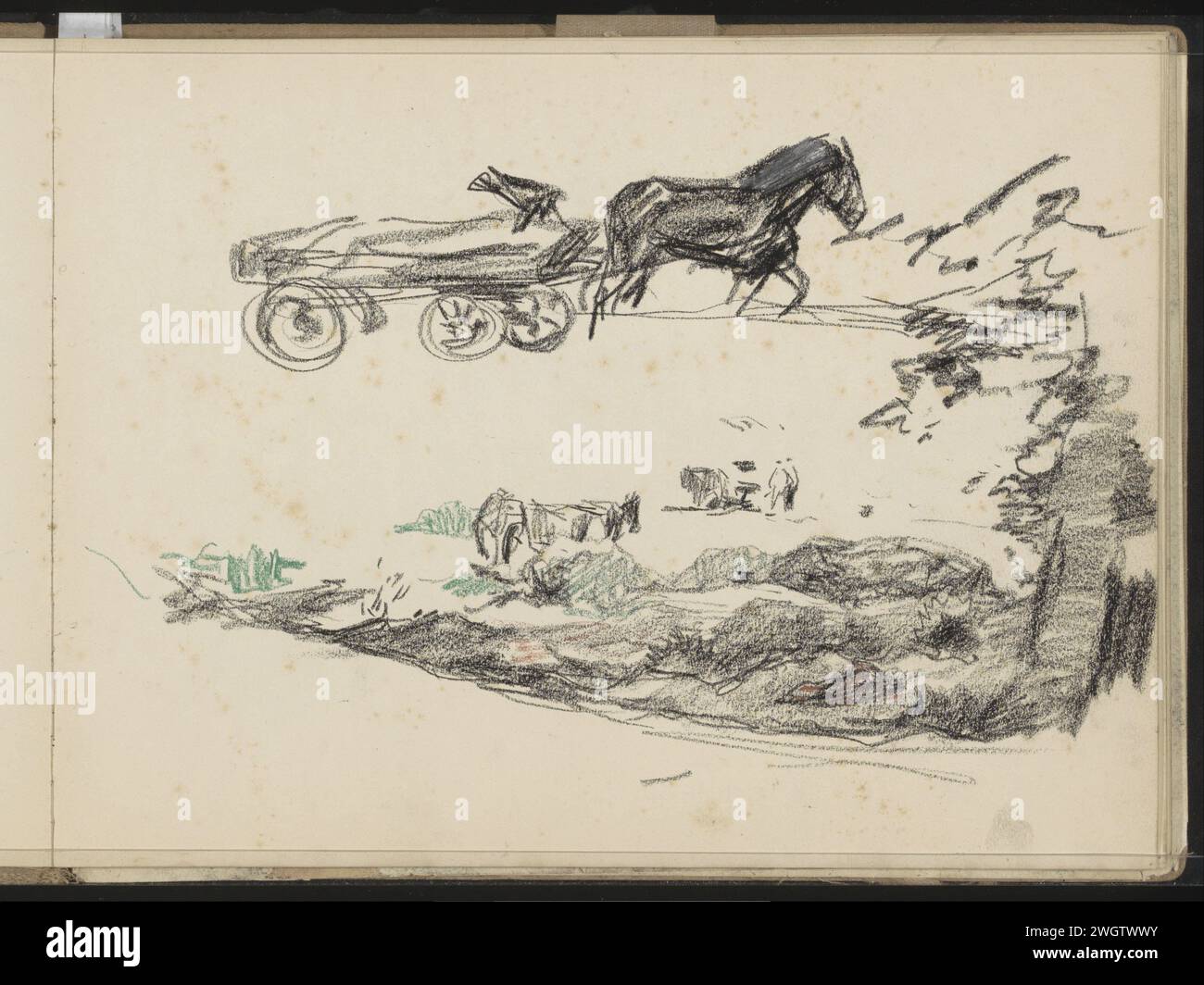 Pferd mit Kutsche und Dünenlandschaft, 1870 - 1931 Seite 4 Recto aus einem Skizzenbuch mit 22 Blättern. Papier. Kreide-Dünen (Meer nicht sichtbar); in den Dünen. (Farm) Wagen, Güterwagen, Wagen. Pferd Stockfoto