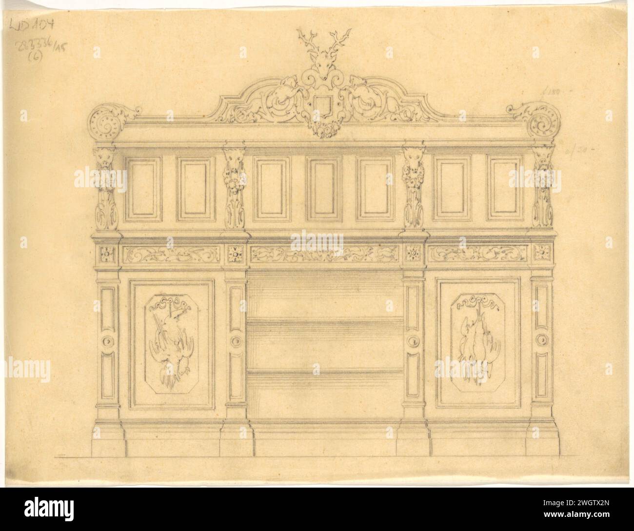 Büfett mit Jagdmotiven im Renaissance-Stil, um 1835 - um 1860 Zeichnung Münchner Spurenpapier. Bleistift-Zierschrank Stockfoto