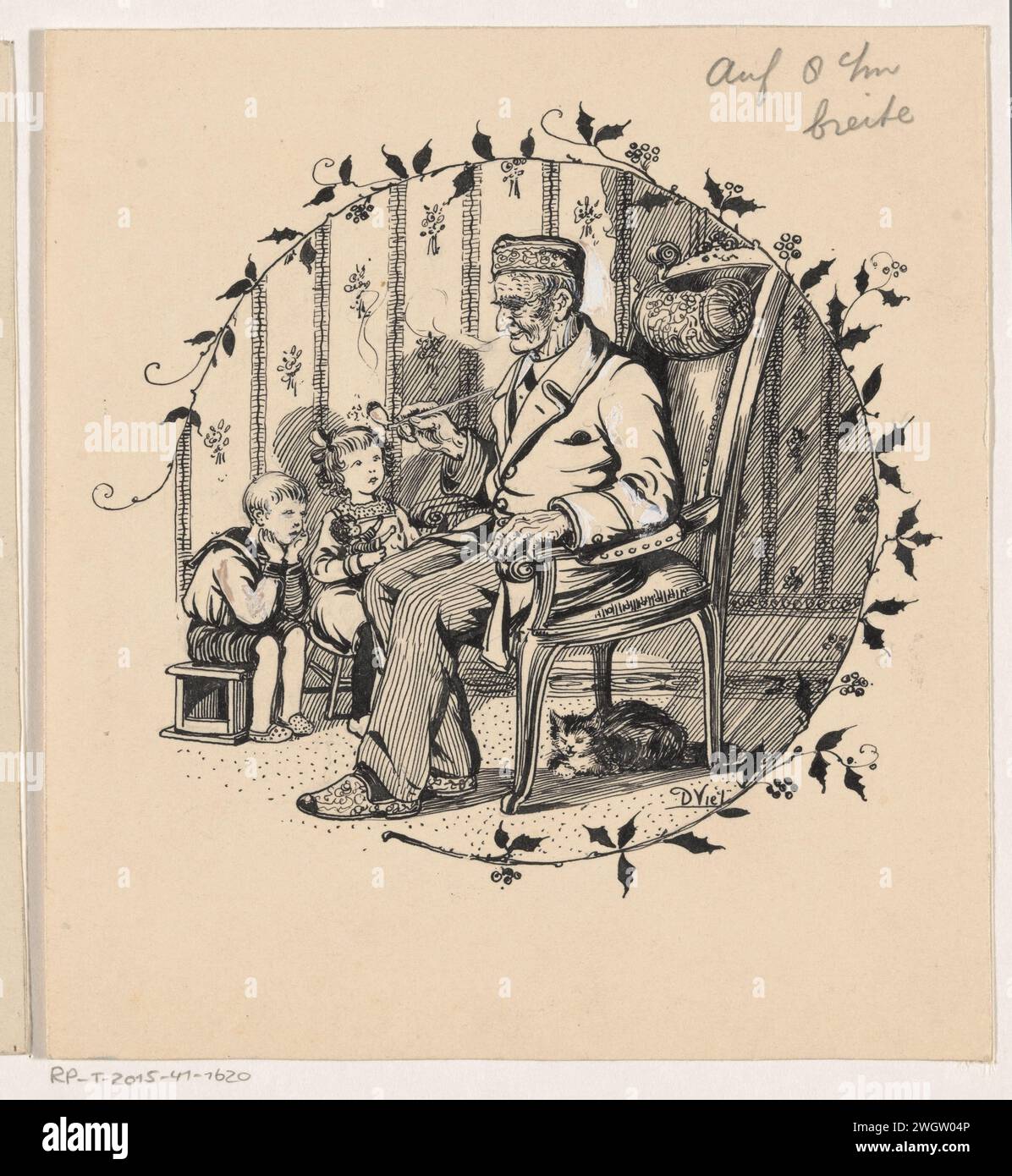 Piping Mann und zwei Kinder, D. Fell, in oder vor 1924 in einem Innenraum, ein alter Mann raucht eine Pfeife in einem Sessel. Ein Junge und ein Mädchen sitzen auf einem Stuhl neben ihm. Unter dem Stuhl des Mannes ist eine Katze. Papier. Tinte. Bleistift. Deckfarbe Stift / Pinsel sitzende Figur (+ alter Mann (Mensch)). Kat. Pfeife  Tabak Stockfoto