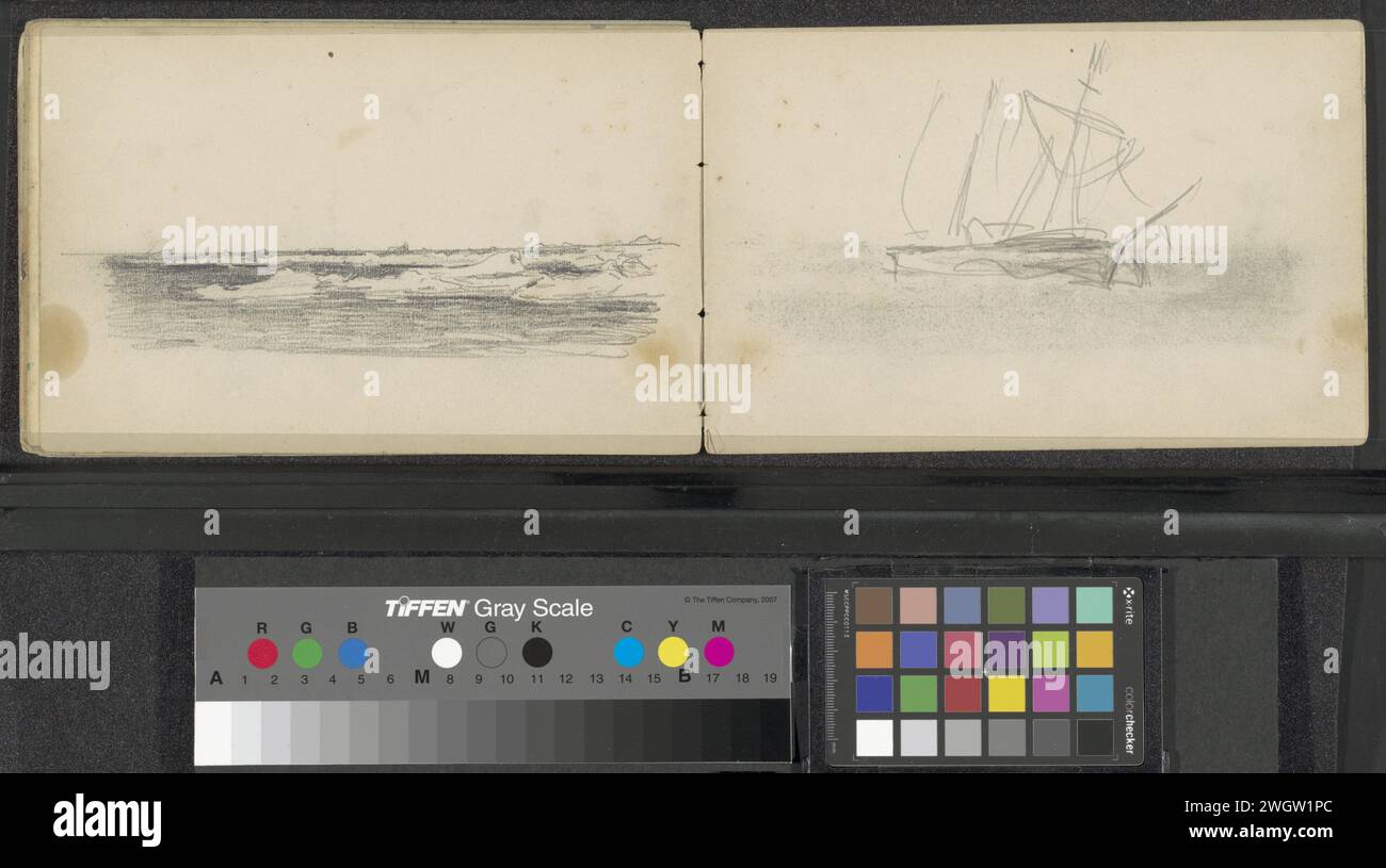 Schiff, möglicherweise die Willem Barents, Louis Apol, 1880 Seite 32 Recto aus einem Skizzenbuch mit 35 Blättern, das während der Expedition nach Nova Zembla im Jahr 1880 bestimmt war. Barentszzee-Papier. Bleistiftschiffe (allgemein) Stockfoto