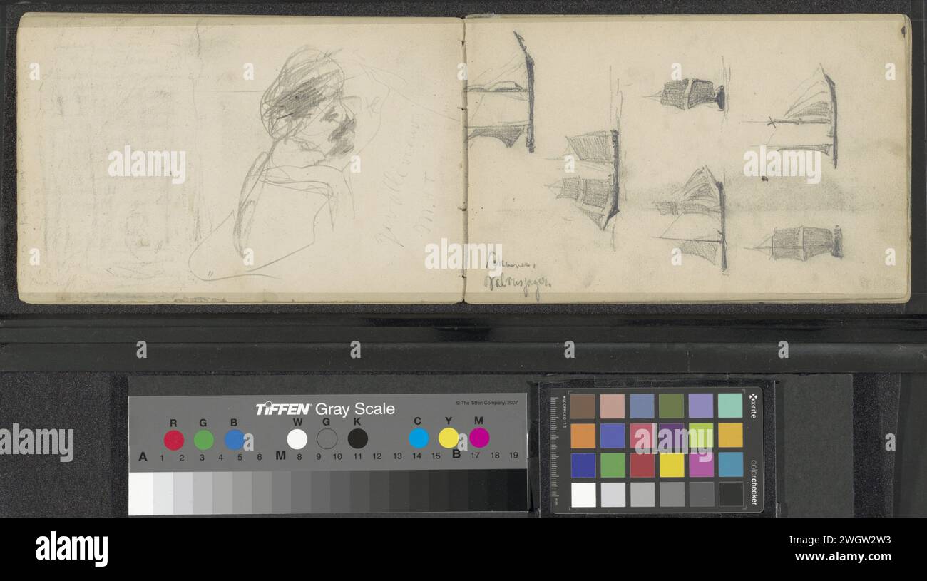 Studien von de Schooner Willem Barents und einem Waljäger Louis Apol, 1880 Seite 13 Recto aus einem Skizzenbuch mit 35 Blättern, das während der Expedition nach Nova Zembla 1880 bestimmt war. Neues Zembla-Papier. Bleistiftschiffe (im Allgemeinen). Walfischerei, Walfang Stockfoto