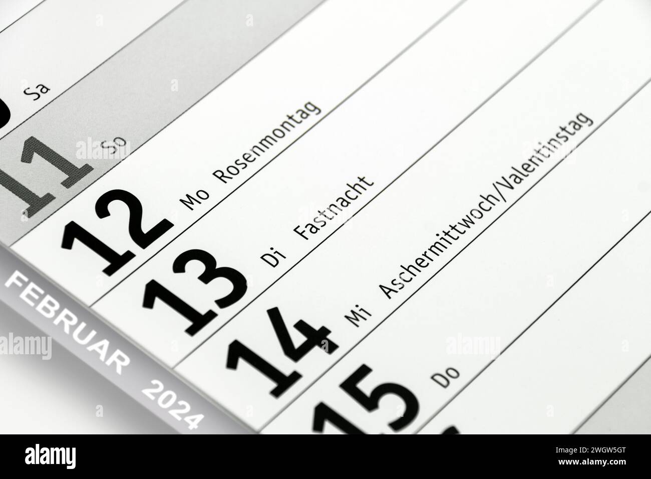 Deutscher Kalender 2024 Februar Karneval Rose Montag Fasching Dienstag Aschermittwoch Valentinstag Stockfoto
