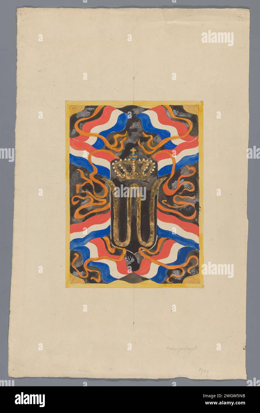 Entwurf für eine Briefmarke mit gekröntem W, Carel Adolph Lion Cachet, Zeichenpapier 1939. Lack (Beschichtung). Bleistiftpinsel Stempel ( Postfach) Stockfoto
