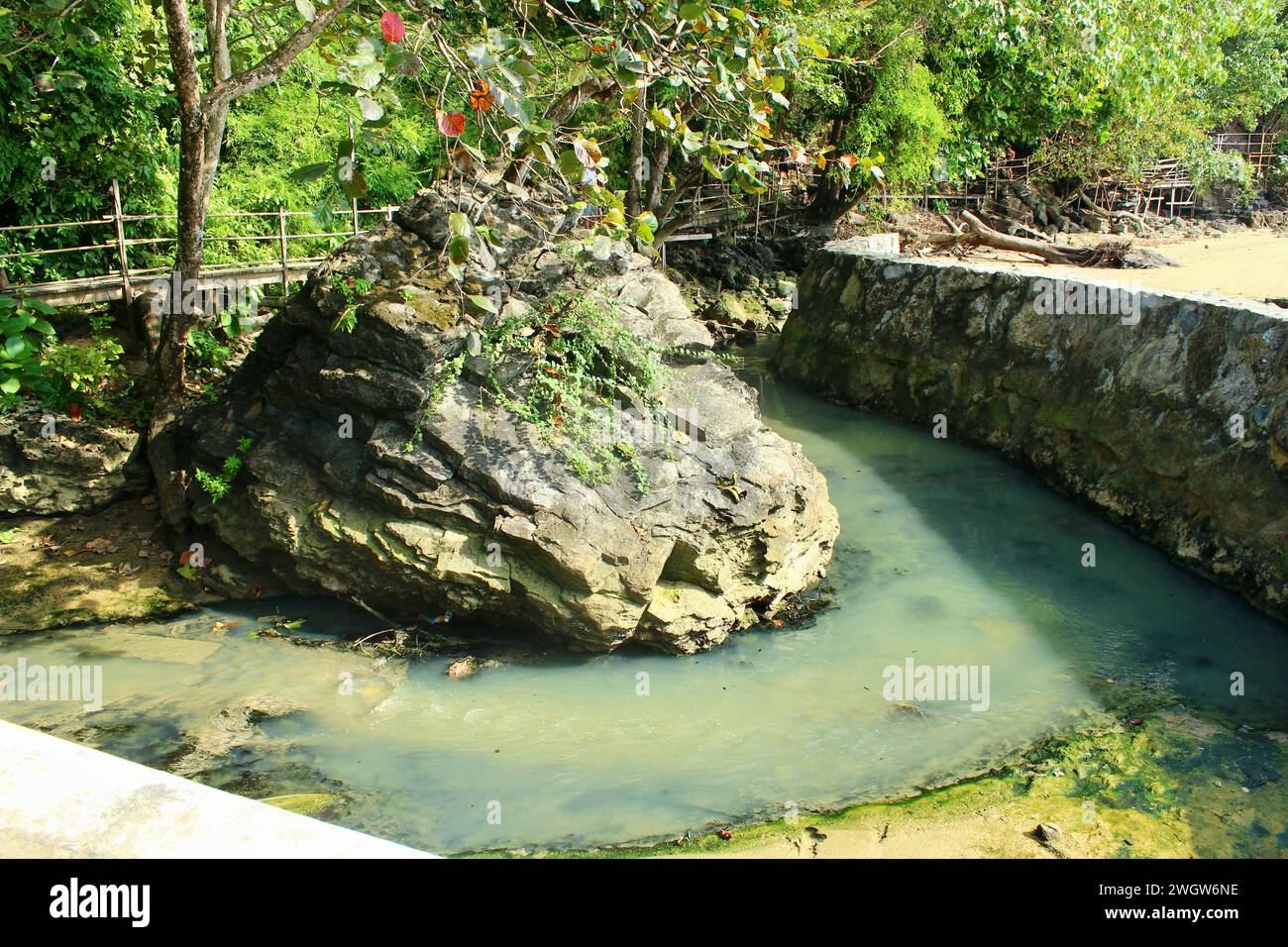 Blick auf einen Felsen und Wasserweg, wo wilde Affen leben Stockfoto