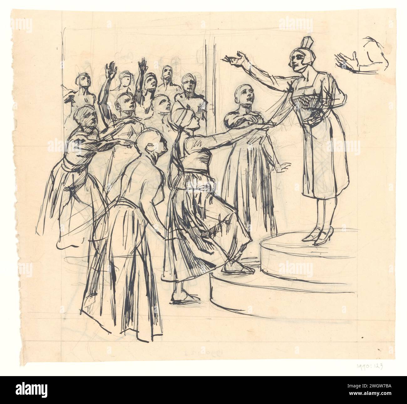 Stehende Frau auf Podest für Gruppe von Frauen mit großen Armen, Johan Braakensiek, ca. 1868 - ca. 1940 Zeichnung eines Druckes. Papier. Tinte. Bleistift politische Karikaturen und Satiren Stockfoto