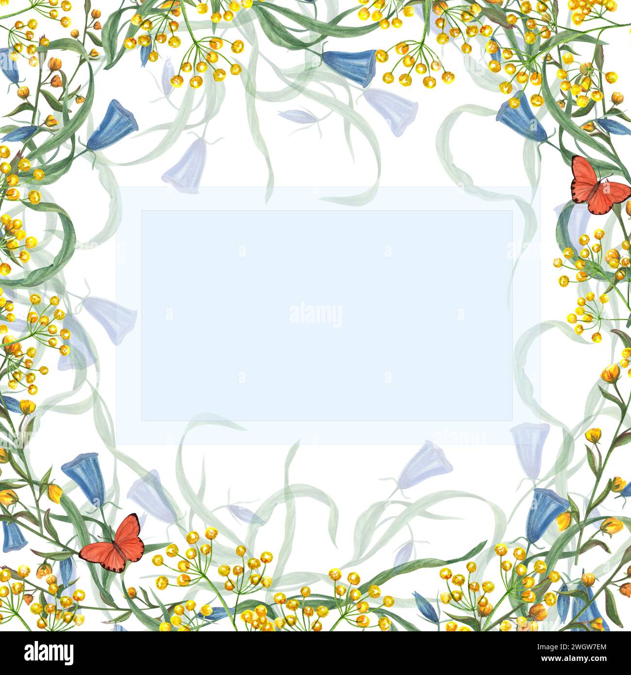 Quadratischer Rahmen mit Frühlingsblumen, Schmetterlingen. Gelbe, blau blühende Blumen. Aquarell Geburtstagsillustration für Gruß, Karten Design, Einladung Stockfoto