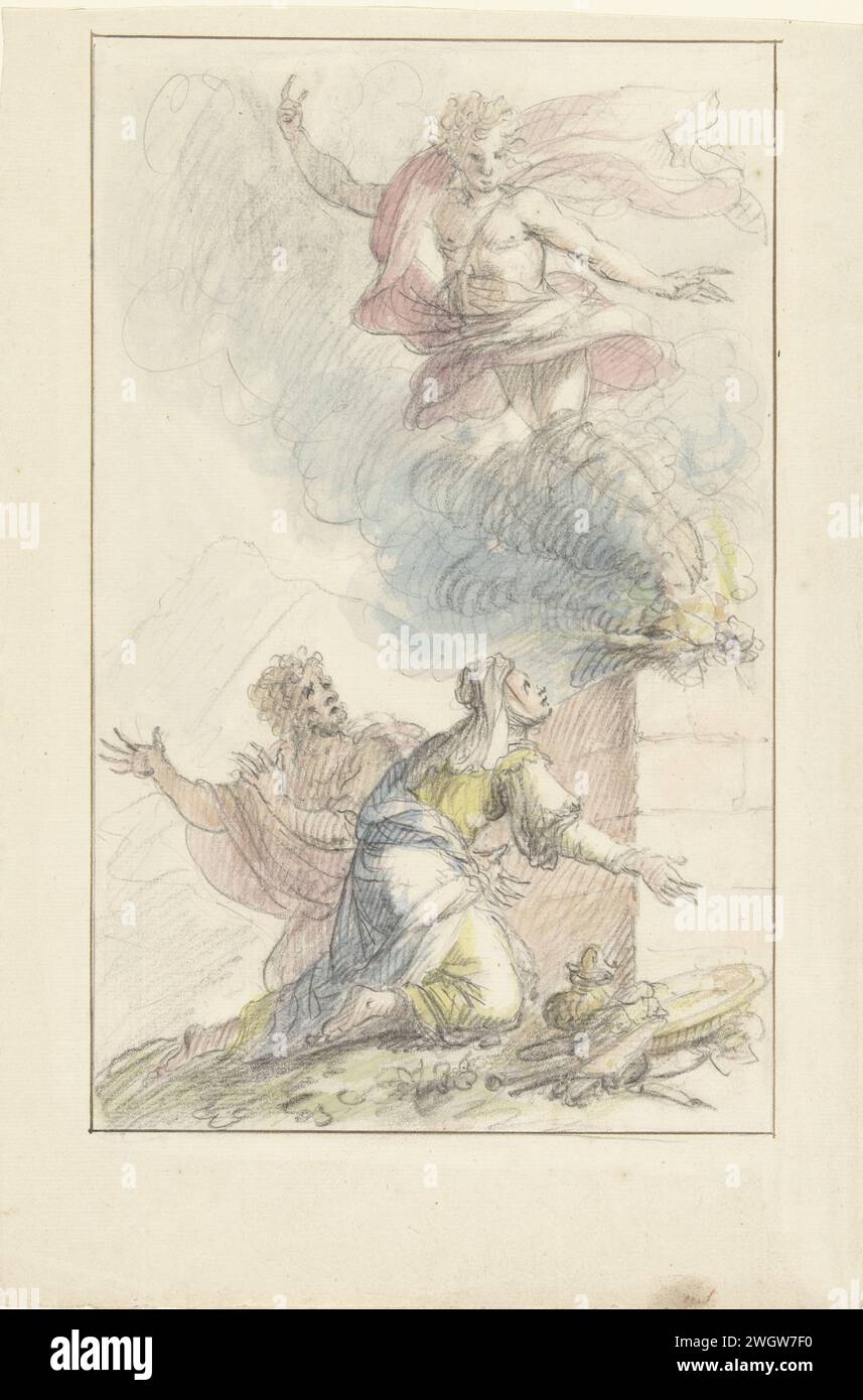 Das Opfer von Manoach, Elias van Nijmegen, 1677–1755 Zeichnung für ein Gemälde. Papier. Bleistift. Aquarell (Farbe). Kreidepinsel Manoahs Opfer; der Engel steigt in den Flammen auf Stockfoto