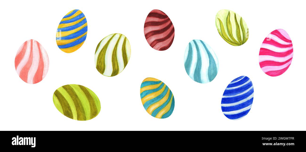 Ostereier. Set aus bunt gestreiften Eiern. Aquarellabbildung. Elemente für die östliche Dekoration Stockfoto