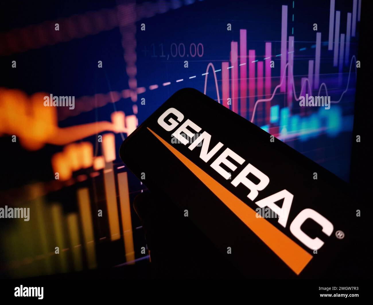 Konskie, Polen – 05. Februar 2024: Das Firmenlogo von Generac Power Systems wird auf dem Mobiltelefon angezeigt Stockfoto