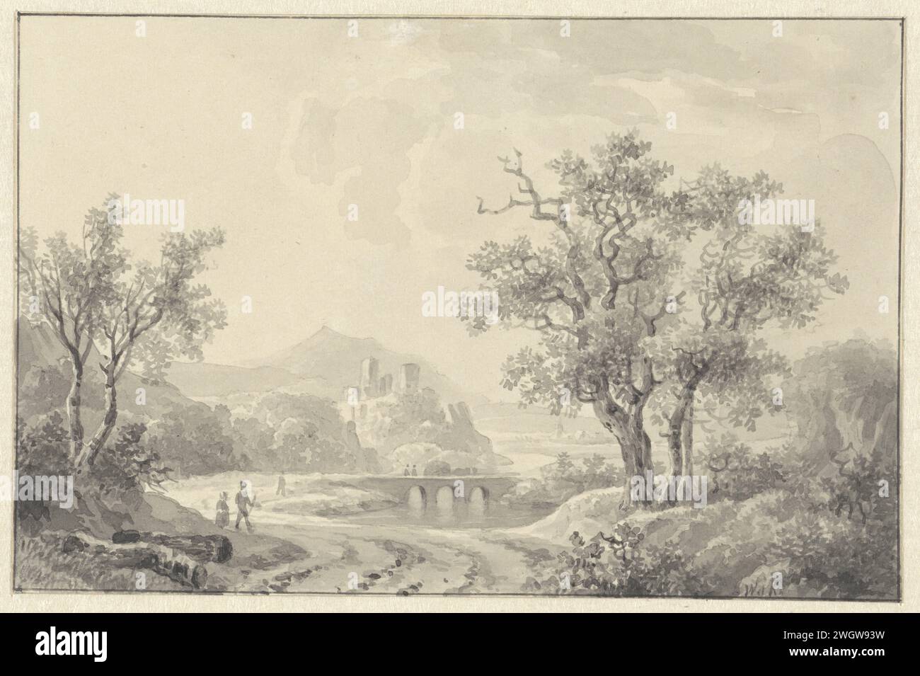 Landschaft mit Ruine in der Ferne, Willem de Klerk, 1810 - 1876 Zeichenpapier. Bleistiftbürste Fluss. Landschaft mit Ruinen Stockfoto