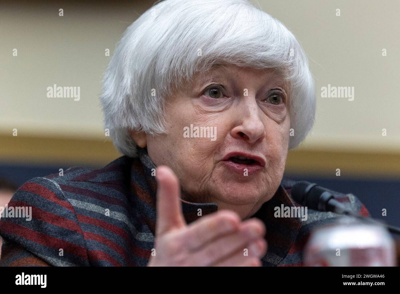 Washington, District of Columbia, USA. Februar 2024. Finanzministerin Janet Yellen sagt im House Committee on Financial Services während einer Anhörung mit dem Titel The Annual Report of the Financial Stability Oversight Council Dienstag, 6. Februar 2024 in Washington aus. (Kreditbild: © Eric Kayne/ZUMA Press Wire) NUR REDAKTIONELLE VERWENDUNG! Nicht für kommerzielle ZWECKE! Stockfoto