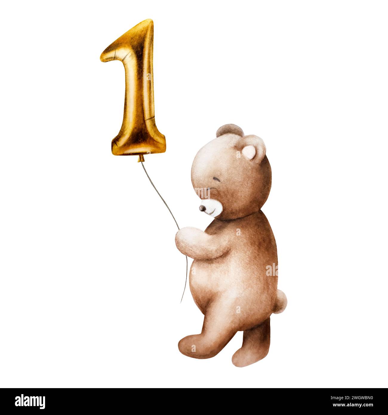 Niedlicher Cartoon-Teddybär mit goldenem Folienballon Nummer 1 an einer Schnur. Handgezeichnete Baby-Illustration isoliert auf weißem Hintergrund. Schön Stockfoto