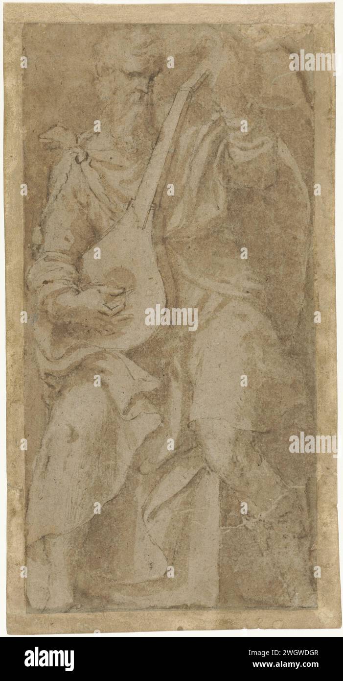 Alter Mann, der auf einer Laute spielt, Girolamo Mazzola Breoli, 1560 - 1563 Zeichenpapier. Tinte. Kreidestift/Pinsel eine Person spielt Streichinstrument (gerupft). Laute und spezielle Lautenformen, z. B. Theorbo Stockfoto