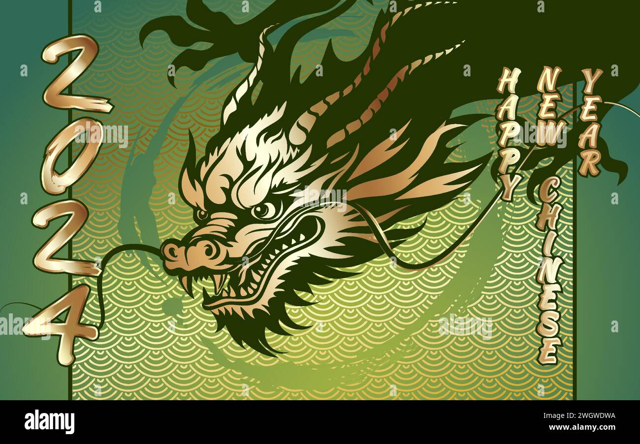 Hintergrund zum chinesischen Neujahrsfest 2024 unter dem Sternzeichen Drachen. Goldenes Bild eines Drachen auf grünem Hintergrund. Vektorbild. Stock Vektor