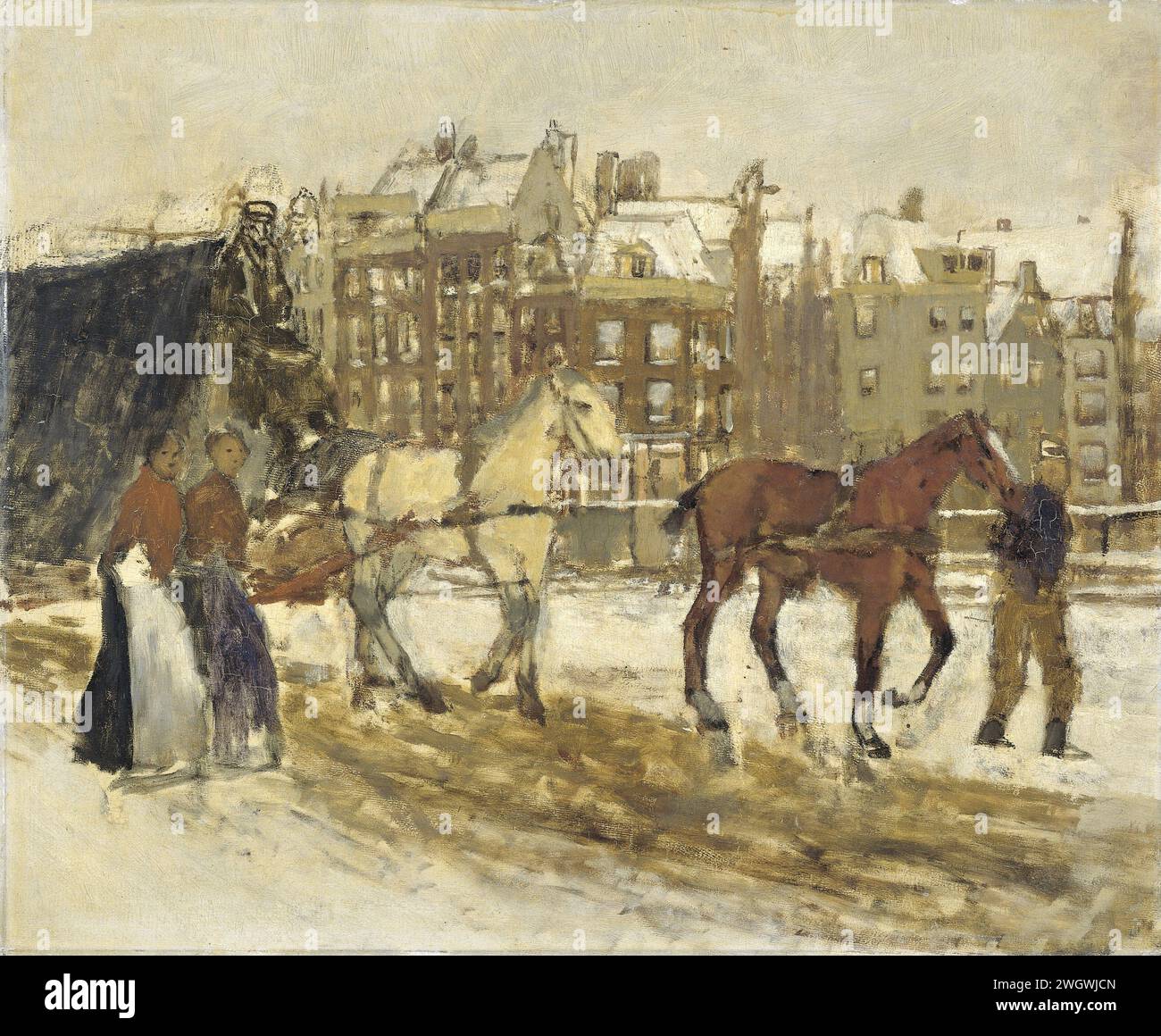 The Rokin, Amsterdam, George Hendrik Breitner, 1923 Gemälde der Rokin in Amsterdam mit dem Langebrugsteeg auf der anderen Seite. Auf der Straße mit einem Wagen, der von zwei Pferden gezogen wurde, links zwei Frauen. Amsterdam Panel. Ölfarbe (Farbe) Straße (+ Stadt(-Landschaft) mit Figuren, Personal). Horse Rock. Lage Stockfoto