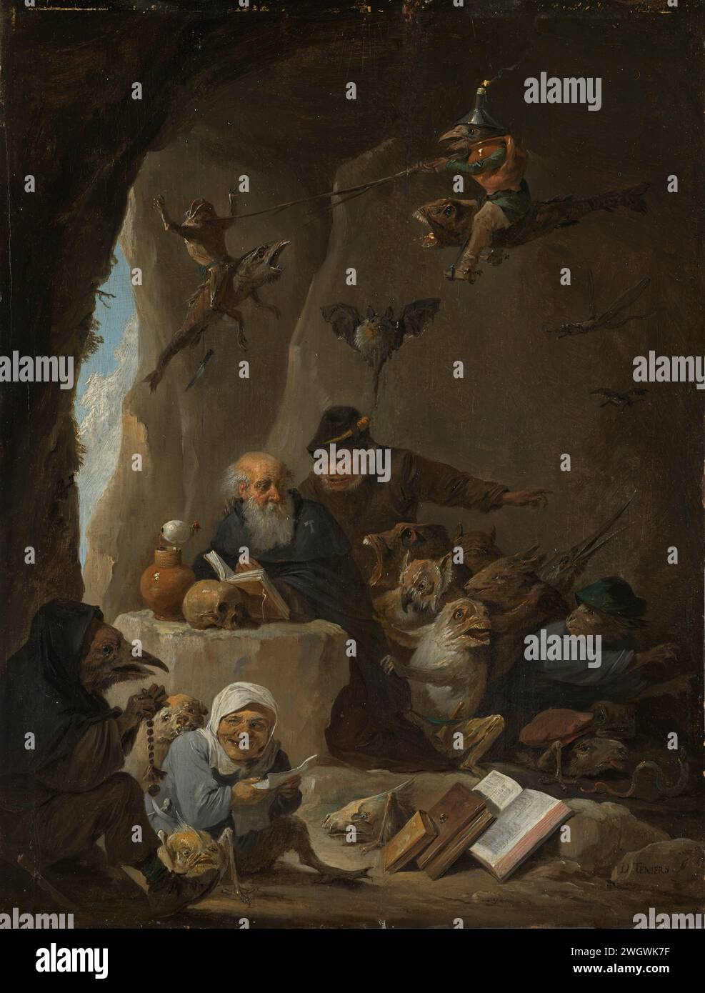 Die Versuchung des heiligen antonius, David teniers (II), um 1645, Gemälde die Versuchung des Heiligen Antonius. In einer Höhle betet der kniende Antonius mit gefalteten Händen für ein offenes Buch, das auf einem Schädel liegt. Der Einsiedler ist umgeben von allen möglichen Teufeln und Monstern, die versuchen, ihn abzulenken. In der Luft halten eine Fledermaus und ein Frosch und ein Vogel auf fliegenden Fischen eine Brust. Links im Vordergrund ein Teufel in der Kapuze des Mönchs mit Rosenkranz. Bereich. Ölfarbe (Farbe) Versuchungen von St.. Antonius Abt Stockfoto