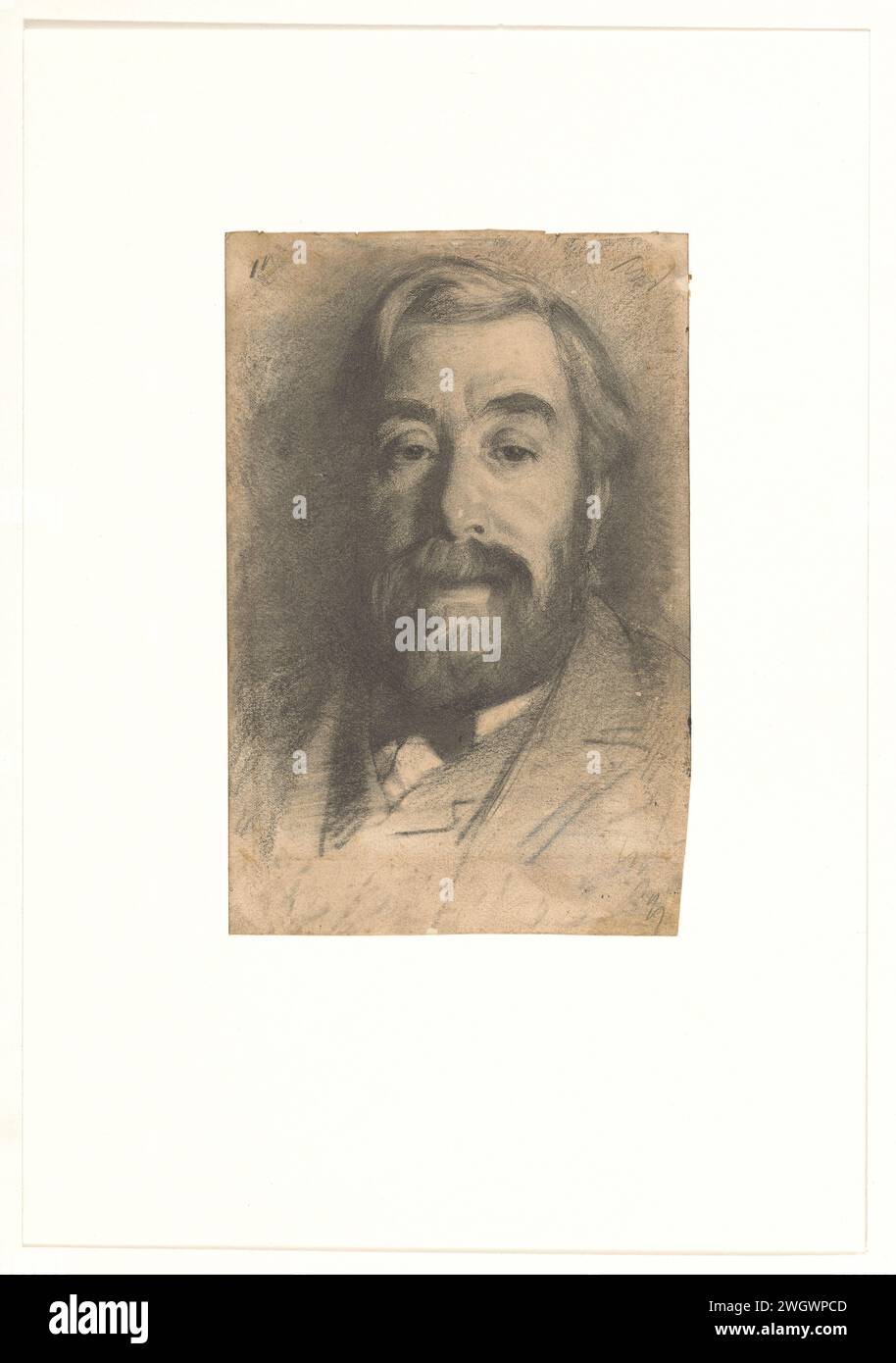 Porträt des Malers Anton Mauve, Willem Witsen, ca. 1885 Zeichnung Mauve ist kopfüber dargestellt, er schaut den Betrachter an. Das Oberteil seines Anzugs ist mit ein paar Kreidestreifen gekennzeichnet. Witsen verwendete starke Hell-Dunkel-Kontraste. Das Licht kommt von rechts, fällt über die Stirn und auf das Haar, bildet einen hellen Fleck auf der Nase und wirft einen starken Schatten auf die linke Seite des Gesichts. Papier. Kreideporträt, Selbstporträt des Malers Stockfoto