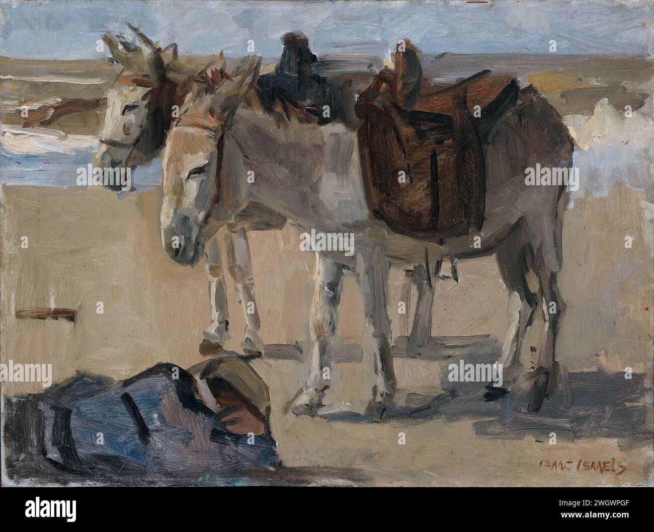 Zwei Esel, Isaac Israels, 1897 - 1901 zwei Sättel am Strand malen. Im Vordergrund links ein schlafender Junge. Pappe. Ölfarbe (Farbe) Eselreiten (am Strand) Stockfoto