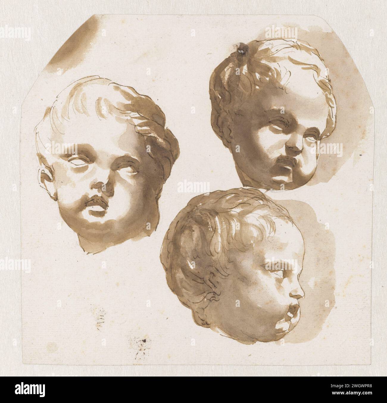 Kinderkopf von drei Seiten gesehen, Jan de Bisschop, nach Anonym, 1648 - 1671 Zeichenpapier. Kreide. Graphit (mineralisch). Tintenstift / Pinsel Stück Skulptur, Reproduktion eines Stücks Skulptur. Kopf (Mensch) Stockfoto
