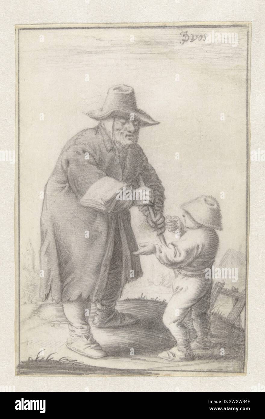 Blinder Mann, der Lieder verkauft, mit Boy, J. de Vos, 1600–1699 Zeichnung Pergament (Tiermaterial). Bleistiftballadensänger, Balladenverkäufer Stockfoto