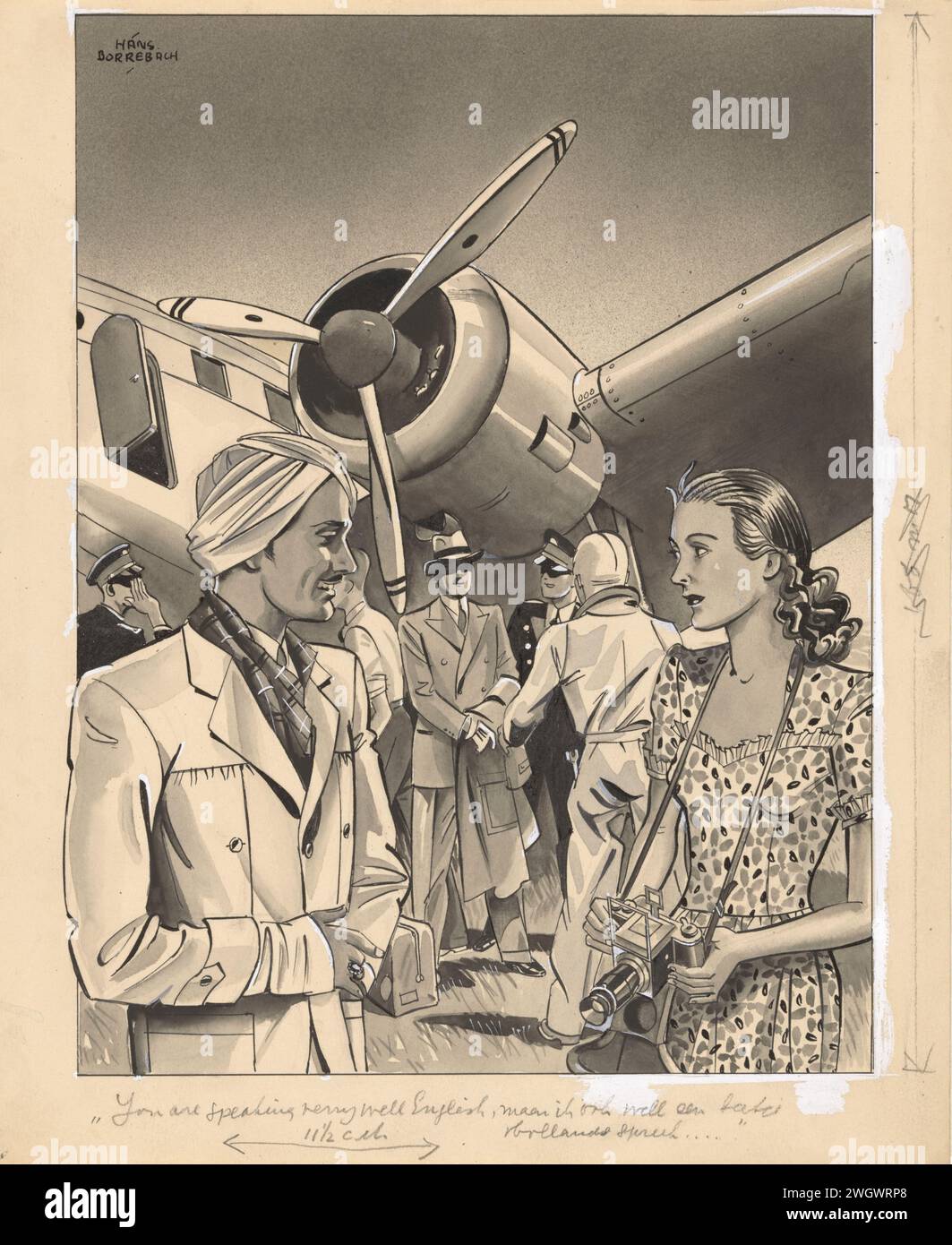 Pepita und Agmed für ein Flugzeug, in oder vor 1948 zeichnen mit einer Fotokamera, Pepita steht Agmed gegenüber, die sie auslacht. Im Hintergrund sind vier Männer an einem Flugzeugmotor. Papier. Tinte für Indien (Tinte). Deckfarbe. Bleistift / Pinsel Flugzeug, Flugzeug. Kamera  Fotografie. Kopfbedeckung: Turban (+ Herrenbekleidung) Stockfoto