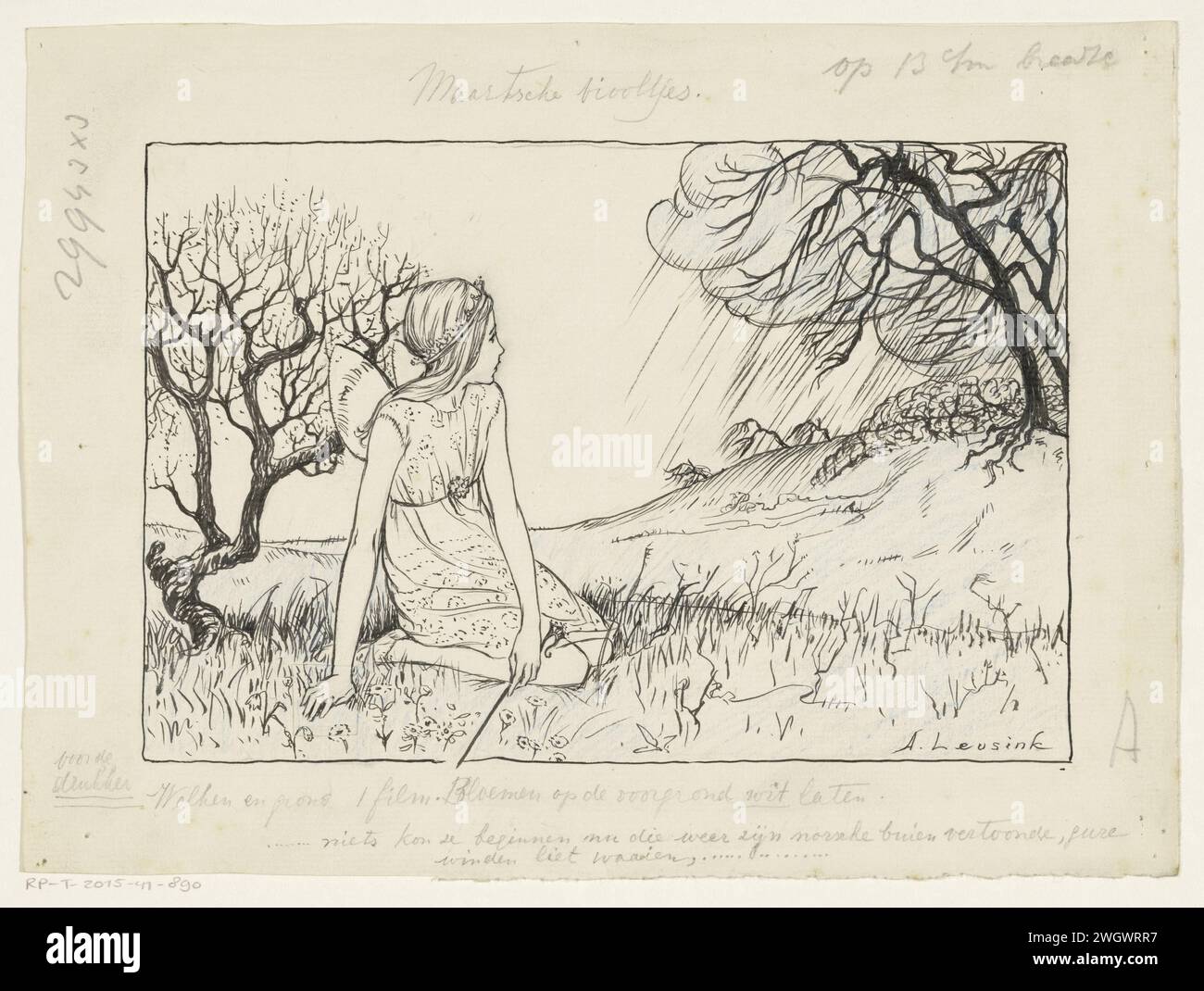 Geflügeltes Mädchen mit Blick auf eine Regendusche, Anny Leusink, ca. 1920 - ca. 1930 Zeichnung Eines geflügelten Mädchens mit einem Zauberstab und Tiara ist in einer Landschaft. Sie schaut auf einen Regenschauer, der in der Ferne auf den Hügel fällt und die Bäume schwingen lässt. Papier. Tinte für Indien (Tinte). Bleistiftstift fabelhafte Wesen mit Flügeln. Zauberstab. Regenguss, Regendusche Stockfoto