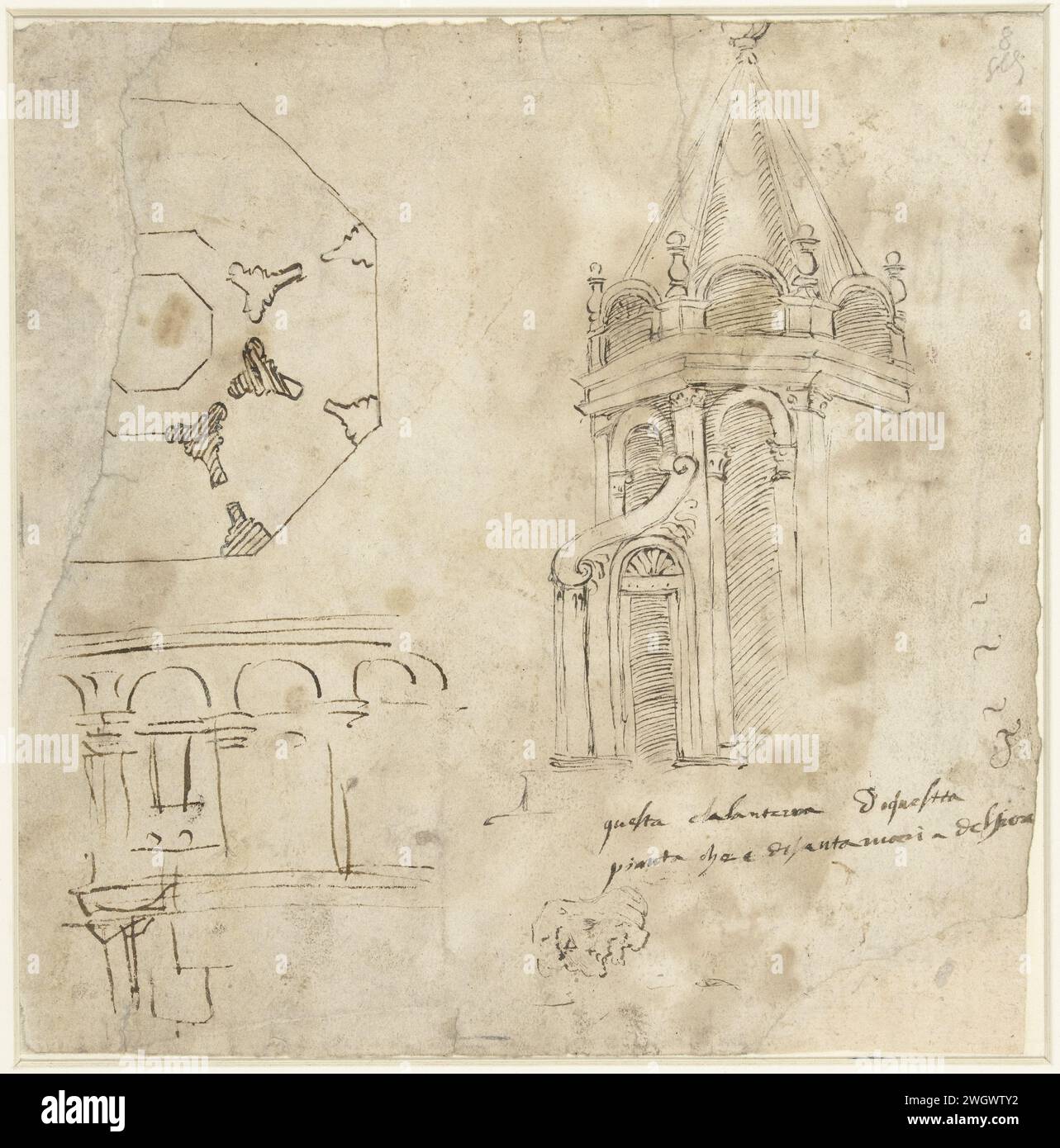 Skizzenmagazin mit Details des Domes van Florence und einem Profilkopf, Giuliano da Sangallo (zugeschrieben), 1455 - 1516 Zeichnung rechts die Krönung der Kuppel mit dem Text darunter: Papier Santa Maria del Fiore. Tintenstift Dom van Florence Stockfoto