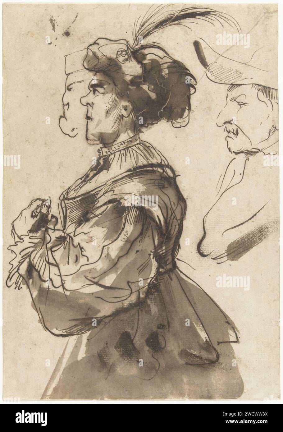 Karikatur einer alten, gekleideten Frau, Pier Francesco Mola, 1622 - 1666 Zeichenpapier. Tintenstift-/Pinselkarikaturen (menschliche Typen). Alte Frau. Hässliche, alte Frau, verdammt Stockfoto