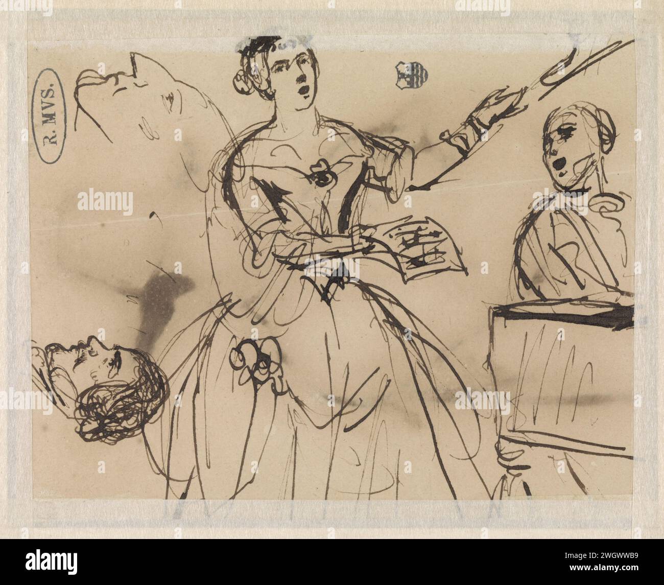 Skizze eines Sängers, der vom Klavier begleitet wird. David Bles, 1840 - 1861 Zeichenpapier. Tintenstiftmusiker begleiten Sänger(n). Eine Person spielt Tasteninstrument. Stimmmusik, Gesang Stockfoto