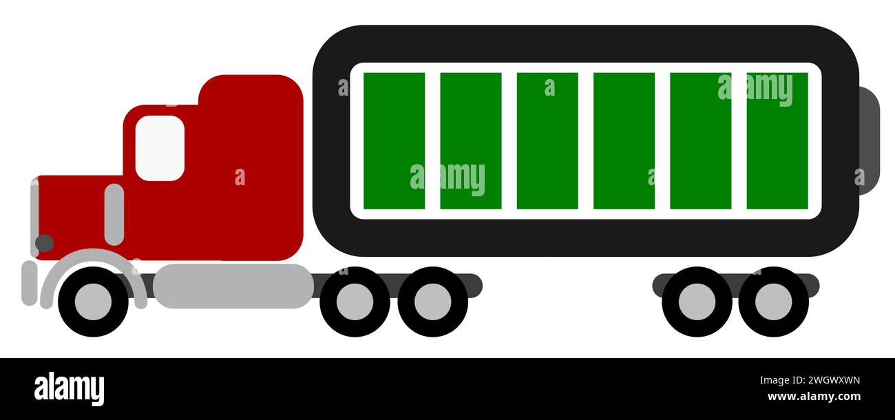 Vektorillustration eines Elektrofahrzeugs mit großer Li-Ion-Batterie und Auflieger Stockfoto