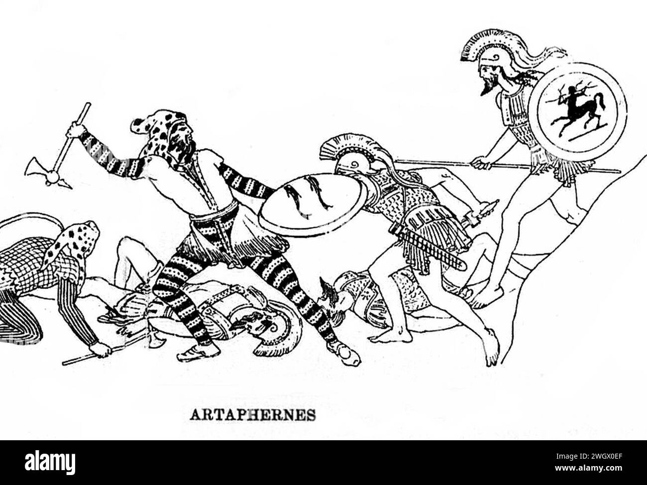Artaphernes kämpfte gegen die Griechen bei der Schlacht von Marathon in der Stoa Poikile (Rekonstitution). Stockfoto Artaphernes kämpfte gegen die Griechen bei der Schlacht von Marathon in der Stoa Poikile (Rekonstitution). Stockfoto