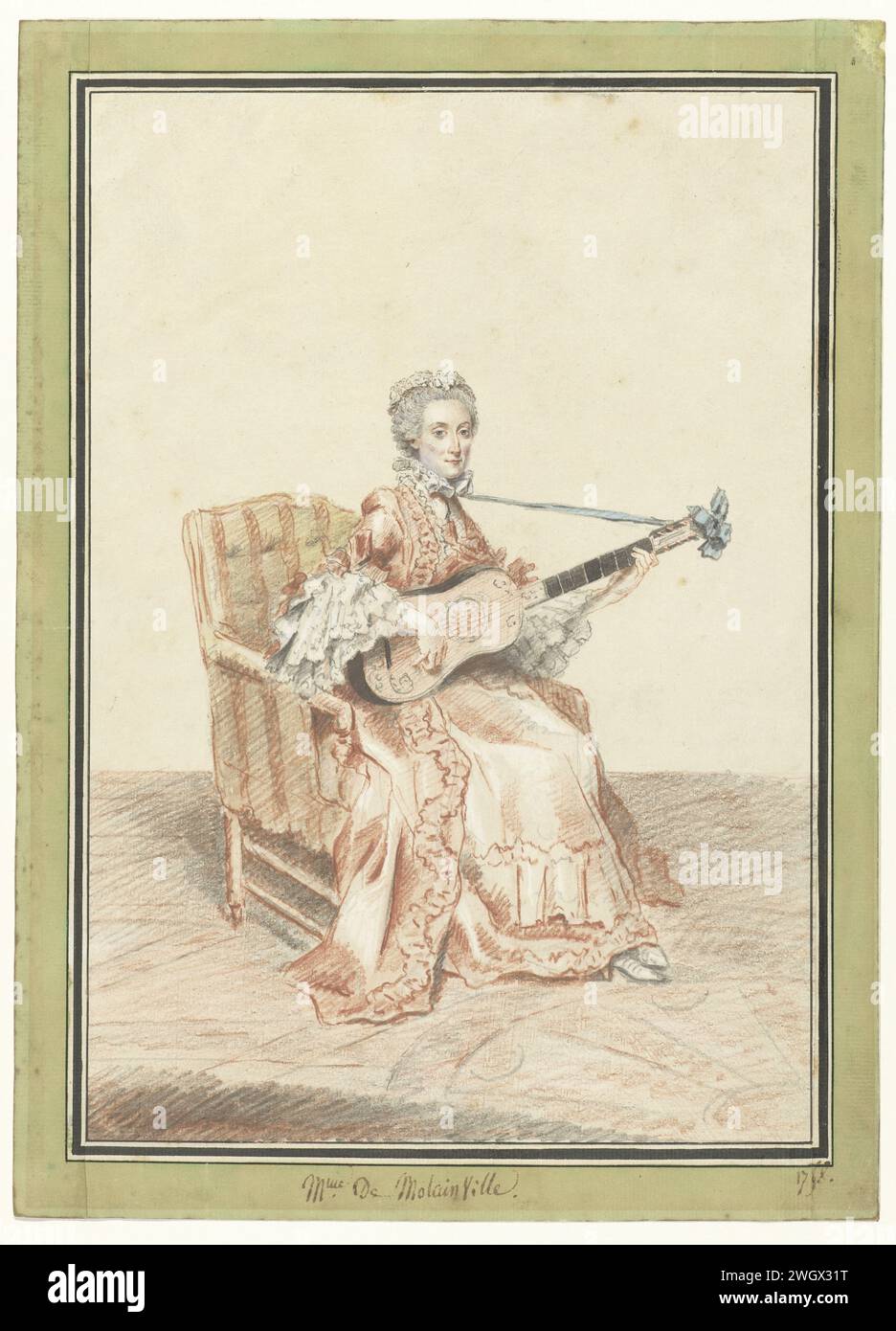 Porträt von Madame de Montainville, Gitarrenspiel, Louis de Carmontelle, 1758 Zeichnung Porträt von Madame de Montainville, sitzt auf einem Stuhl, spielt Gitarre. Das Porträt ist Teil einer Serie von 750 Porträts des Adels, des Magistrats, des Klerus und der Gelehrten und Künstler aus der Umgebung des Duc de Chartres. Papier. Aquarell (Farbe). Graphit (mineralisch). Kreidepinsel Cithern, Mandoline, Gitarre, Balalaika. Eine Person spielt ein Instrument. Kleid, Kleid (+ Damenkleidung) Stockfoto