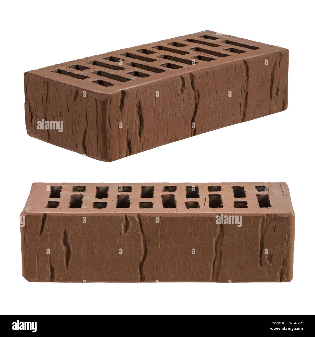 Brauner Keramikstein ist auf weißem Hintergrund isoliert. Dekoratives Muster ist alte Risse. Stockfoto