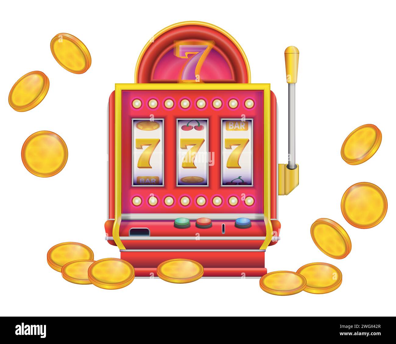 Spielautomat im realistischen Stil mit Münzen. Lucky Sivens 777. Casino Las Vegas Jackpot. Bunte Vektorillustration isoliert auf weißem Hintergrund. Stock Vektor