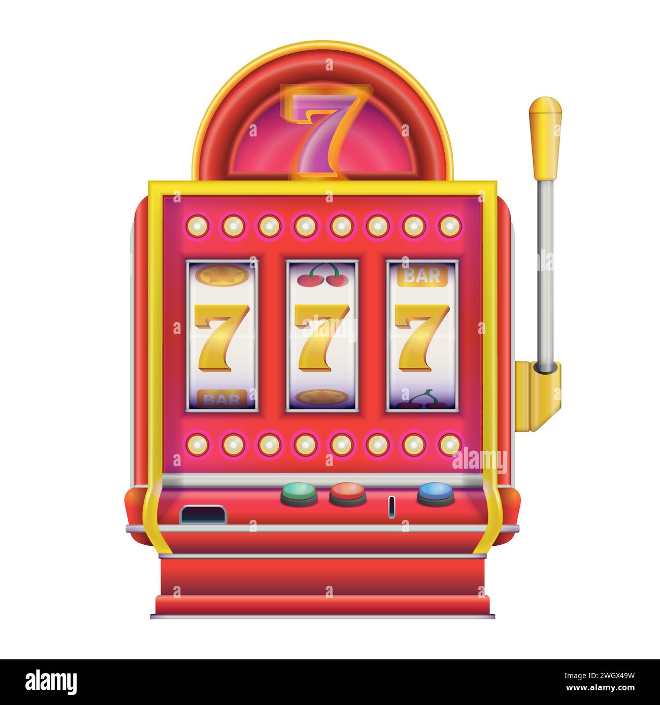 Spielautomat im realistischen Stil mit Lucky Sivens 777. Casino Las Vegas Jackpot. Bunte Vektorillustration isoliert auf weißem Hintergrund. Stock Vektor