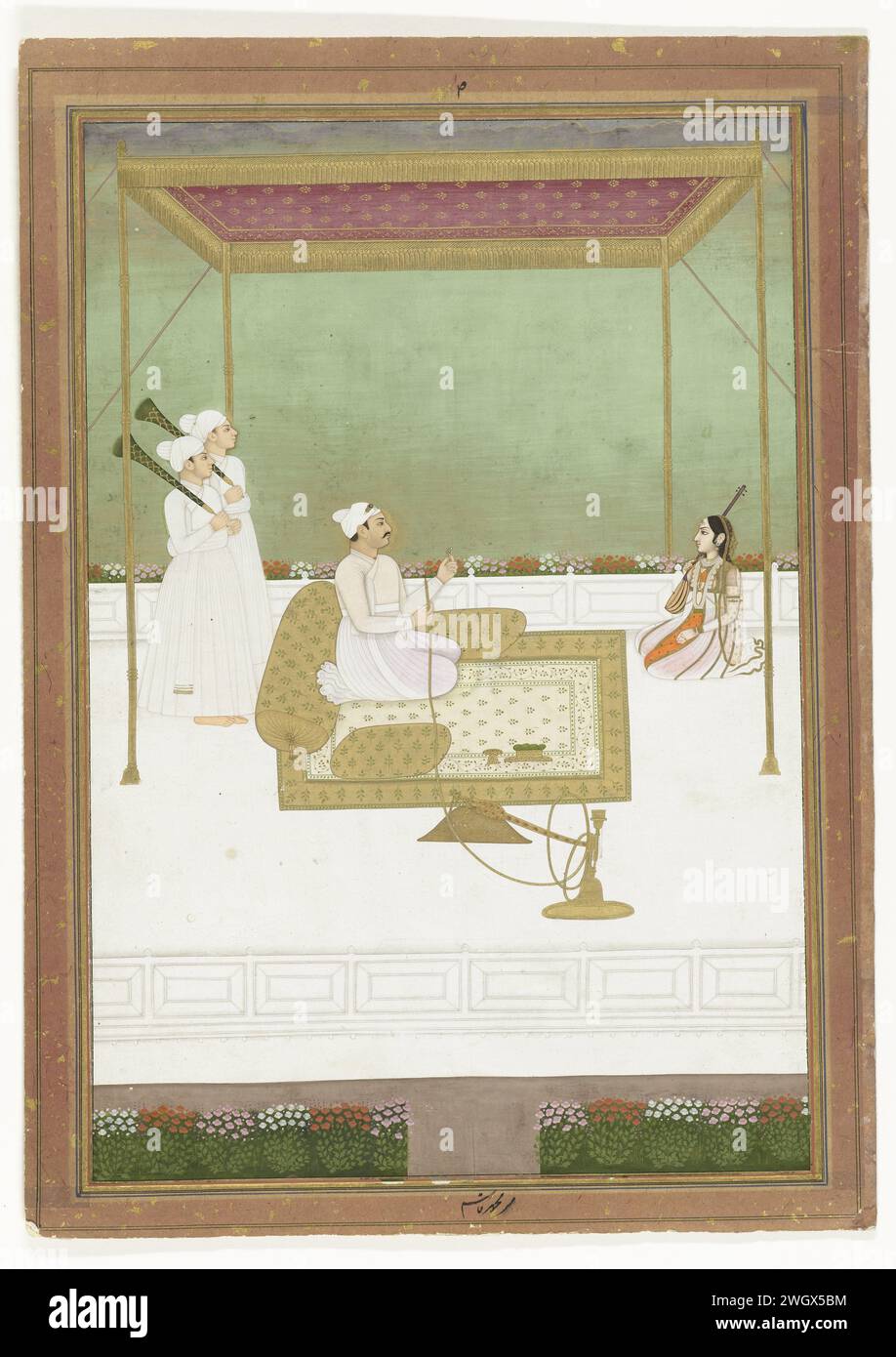 Nawab mir Qasim Ali Khan van Bengal, Anonym, ca. 1755 - ca. 1765 Indische Miniatur Nawab (Gouverneur) mir Qasim sitzt unter einem Baldachin, Wasserpfeife in der Hand, zwei Dienerinnen und ein Mädchen mit einem Musikinstrument. Murshidabad-Papier. Deckfarbe. Gouache (Farbe) Pinsel historische Personen. Herrscher, souverän. Wasserpfeife, Wasserpfeife, Narghil. Streichinstrumente (gerupft) Bengalen Stockfoto