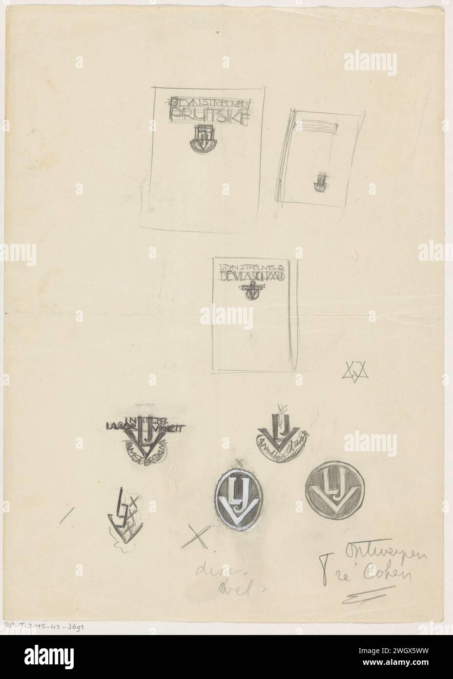 Bandentwürfe und Vignetten des Verlags L.J. Veen, Anonym, um 1905 - in oder nach 1930 Zeichnung Bandentwürfe für 'Prutske' und 'de Vlaschaard', zwei Romane von Stijn Streuvel. Monogramme mit den Buchstaben L, J und V, einschließlich in (halben) Kreisen und einem Oval. Papier. Bleistift. Deck Pinsel magische mathematische Figuren; magische Zahlen, Wörter, Monogramme Stockfoto