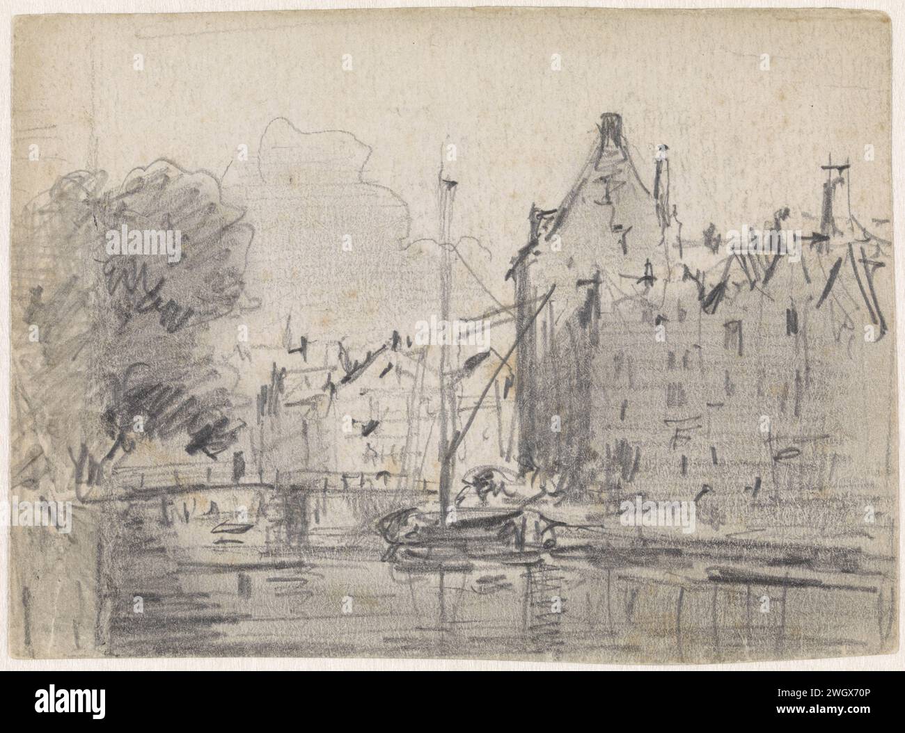 Stadtbild mit Kanal, Adrianus Everssen, 1828 - 1897 Zeichnung Stadtbild mit Kanal, signiert auf der Rückseite einer Todesanzeige. Papier. Bleistift Stockfoto