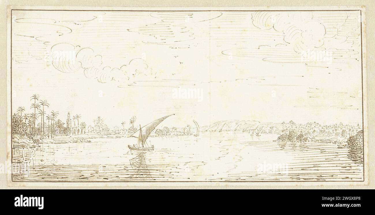 Weitsicht auf den Nil, Johan Teyler, 1679 - 1683 Zeichenpapier. Tintenstift Fluss Mittelmeer. Ägypten. Nil Stockfoto