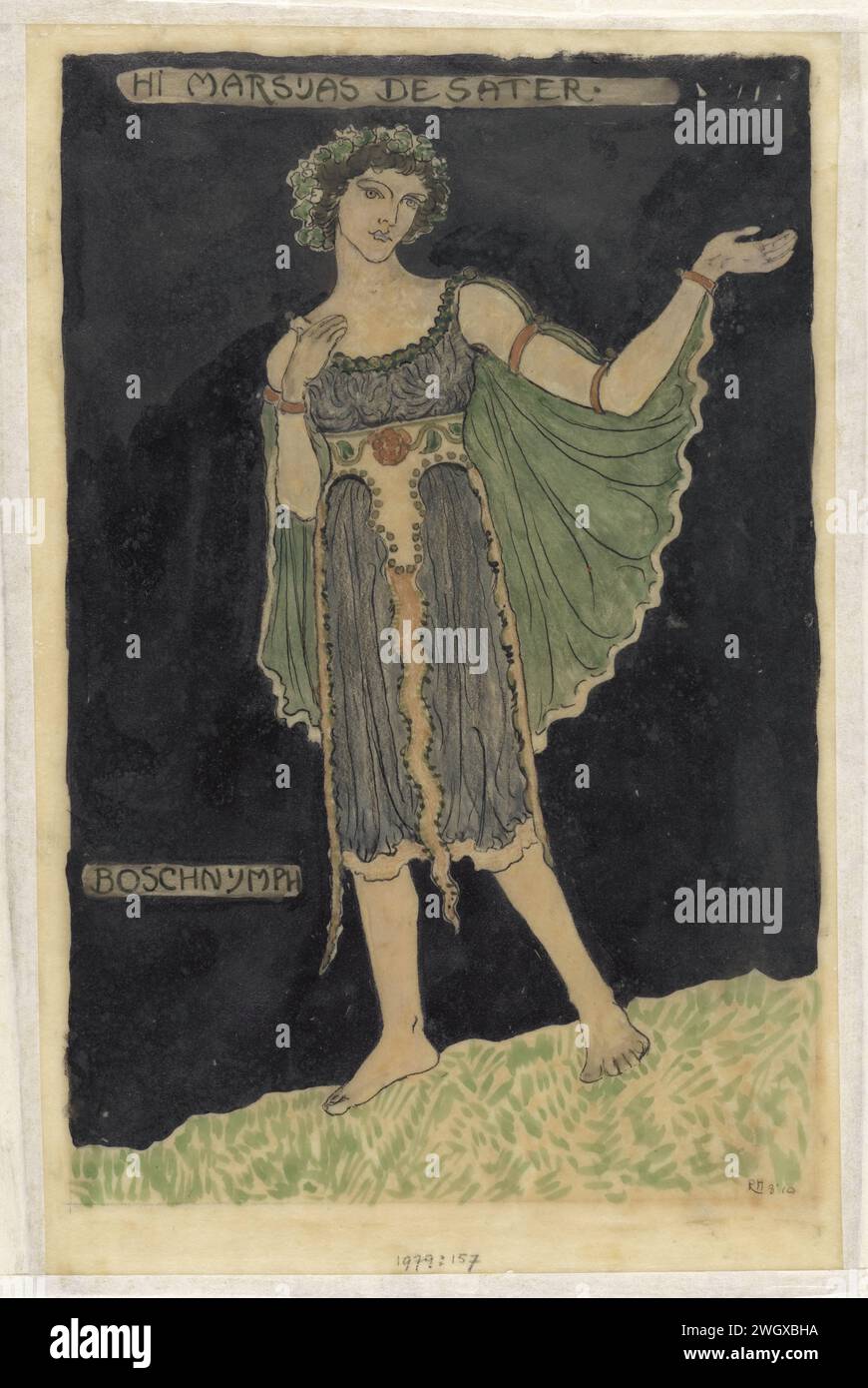 Entwurf für Kostüm für Boschnymphe, Richard Nicolaüs Roland Holst, 1910 Zeichnung Kostümentwurf für die Bosnimb, eine Figur aus dem Stück „Marsyas“ von Balthasar Verhagen. Pergament (tierisches Material). Tinte. Kreidestift / Pinsel Bühnenkostüm. Weibliche literarische Charaktere (BOSCHNYMPH). (Hama)Trockenperioden, Wald- und Baumnymphen; 'Driadi & Hamadriadi' (Ripa) Stockfoto