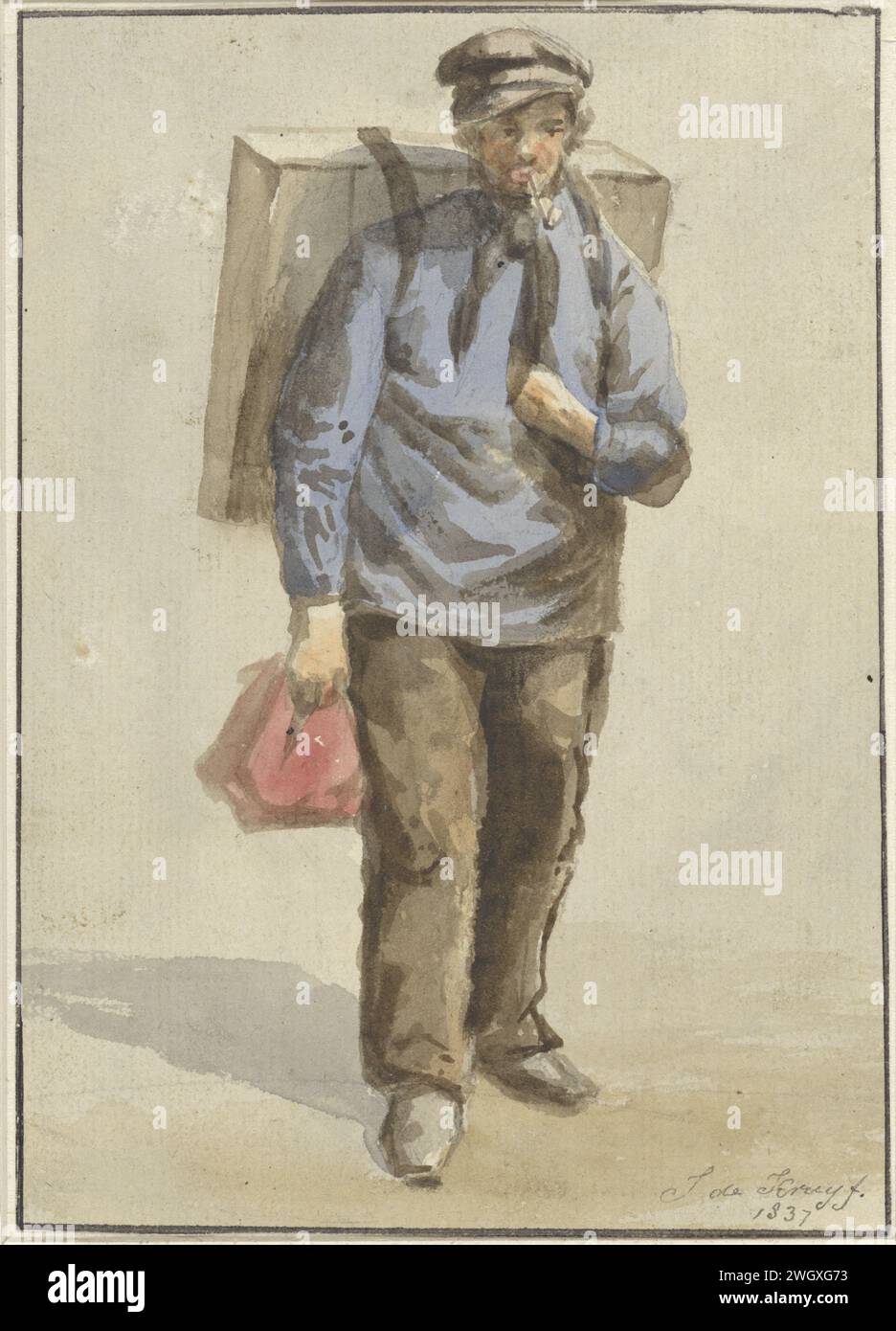 Porträt von Gerrit van Schoorl, J. de Kruyff, 1837 Zeichnung Porträt von Gerrit van Schoorl, nach der Inschrift auf Verso „Rural Print Koopman in Alkmaar“. Ein solcher Bilderhändler oder Postverkäufer war in der Tat ein marschierender Cracker, der von Ort zu Drucke verkaufte. Papier. Aquarellpinsel (Farbe), wandernder oder reisender Händler. Drucken, z. B.: Gravur, Ätzen, Lithografie. Kunsthändler. Historische Personen Stockfoto