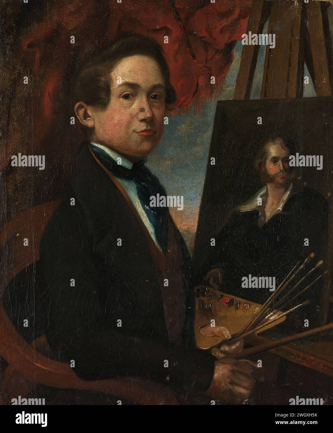 Selbstporträt, John Daniël Susan, 1839 Gemälde Selbstporträt des Malers Johannes Daniël Susan. Halbiert, auf einem Stuhl vor einem Gemälde sitzend, mit dem Porträt eines Mannes, der Palette und den Pinseln in der linken Hand. Leinwand. Ölfarbe (Farbe) Porträt, Selbstporträt des Malers Stockfoto