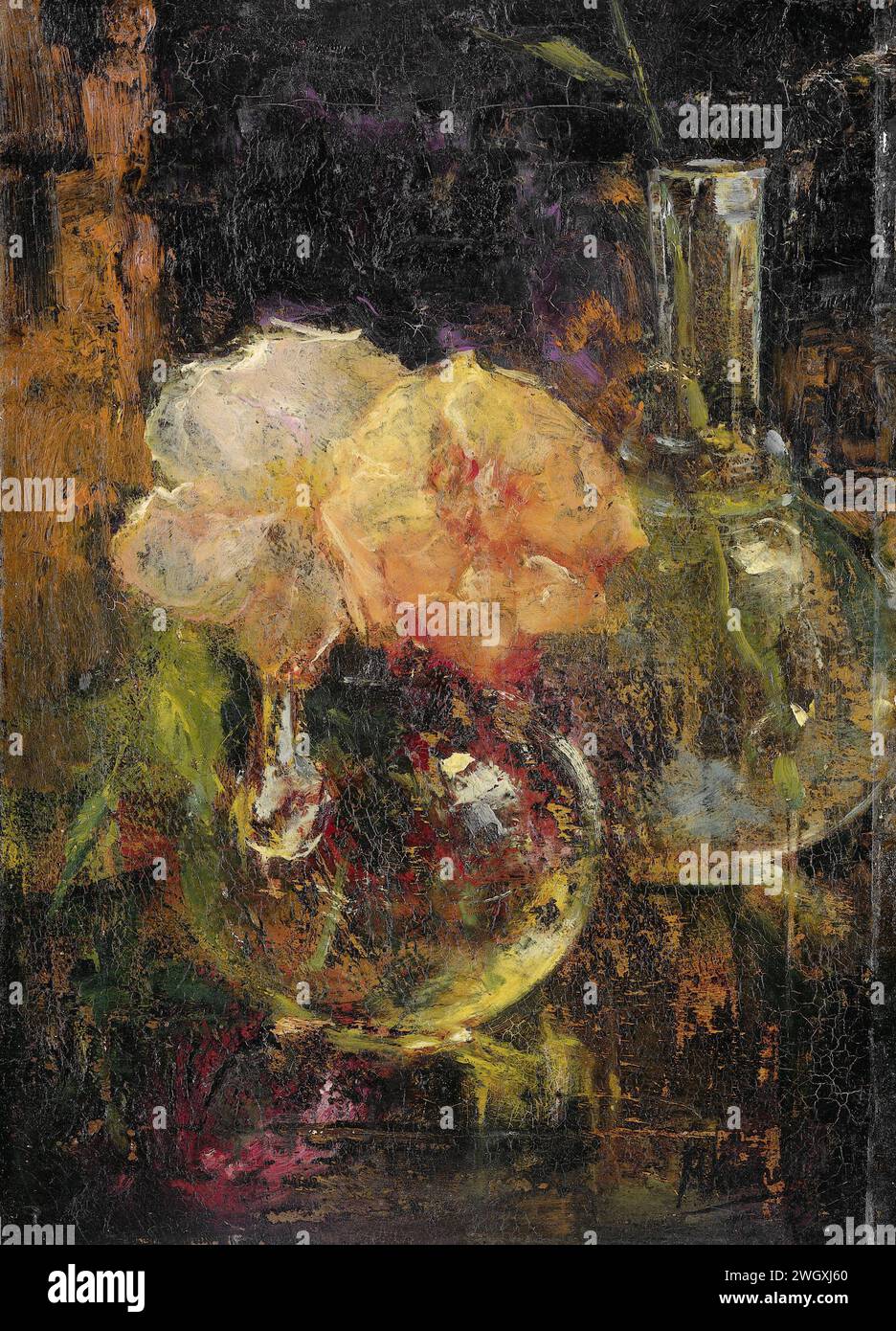 Gelbe Rosen in Einer Karaffe, Menso Kamerlingh Onnes, 1896 mit Einem Blumenstrauß gelber Rosen in einer Karaffe, dahinter eine Flasche. Leinwand. Ölfarbe (Farbe) Blüten in einer Vase Stockfoto