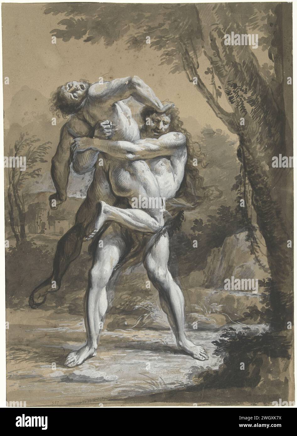 Herkules in Antaeus, Anonym, 1600 - 1699 Zeichnung Frankreichs Papier. Malpinsel der Riese Antaeus wird in die Luft gehoben und von Herkules zu Tode zerquetscht Stockfoto