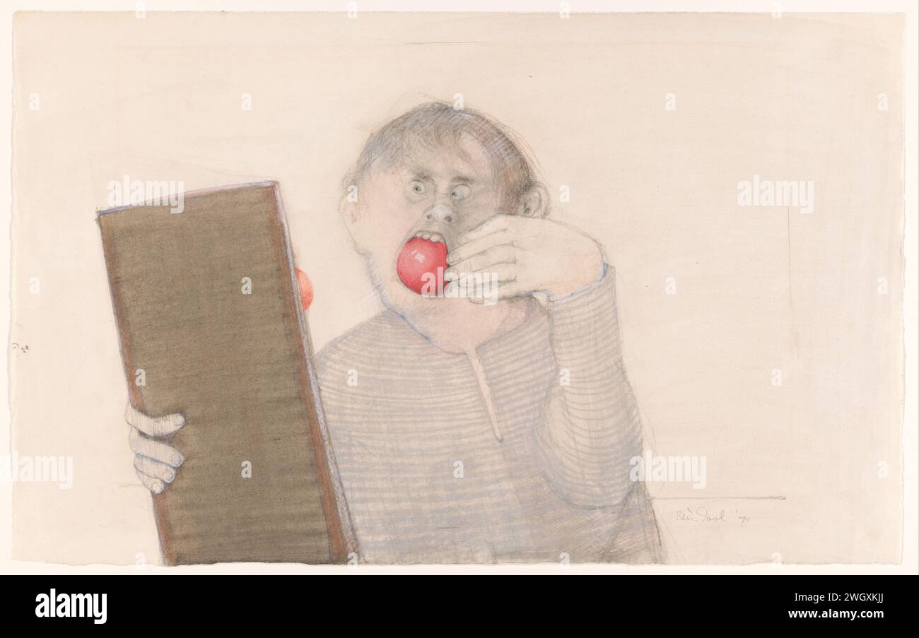 Untitled, rein Dool, 1974 Zeichenjunge mit roter Kugel im Mund, einem Regal (vielleicht einem Spiegel) in der Hand, aus dem eine rote Kugel erscheint. Papier. Bleistift. Deckfarbe. Aquarell (Farbe) Junge (Kind zwischen Kleinkind und Jugend). Spiegeln Stockfoto