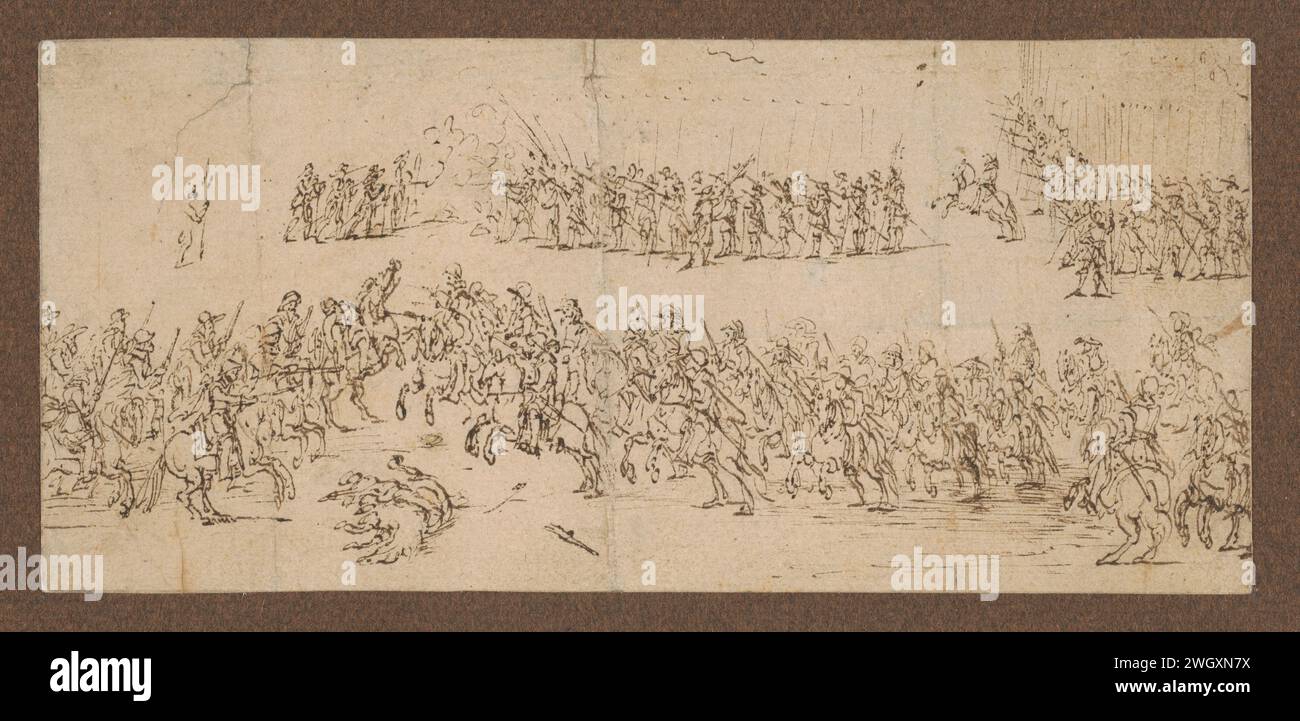 Anklage gegen Fußgänger und Kavallerie, Jacques Callot, 1602 - 1635 Zeichenpapier. Kampf mit Tintenstift (+ Landstreitkräfte) Stockfoto