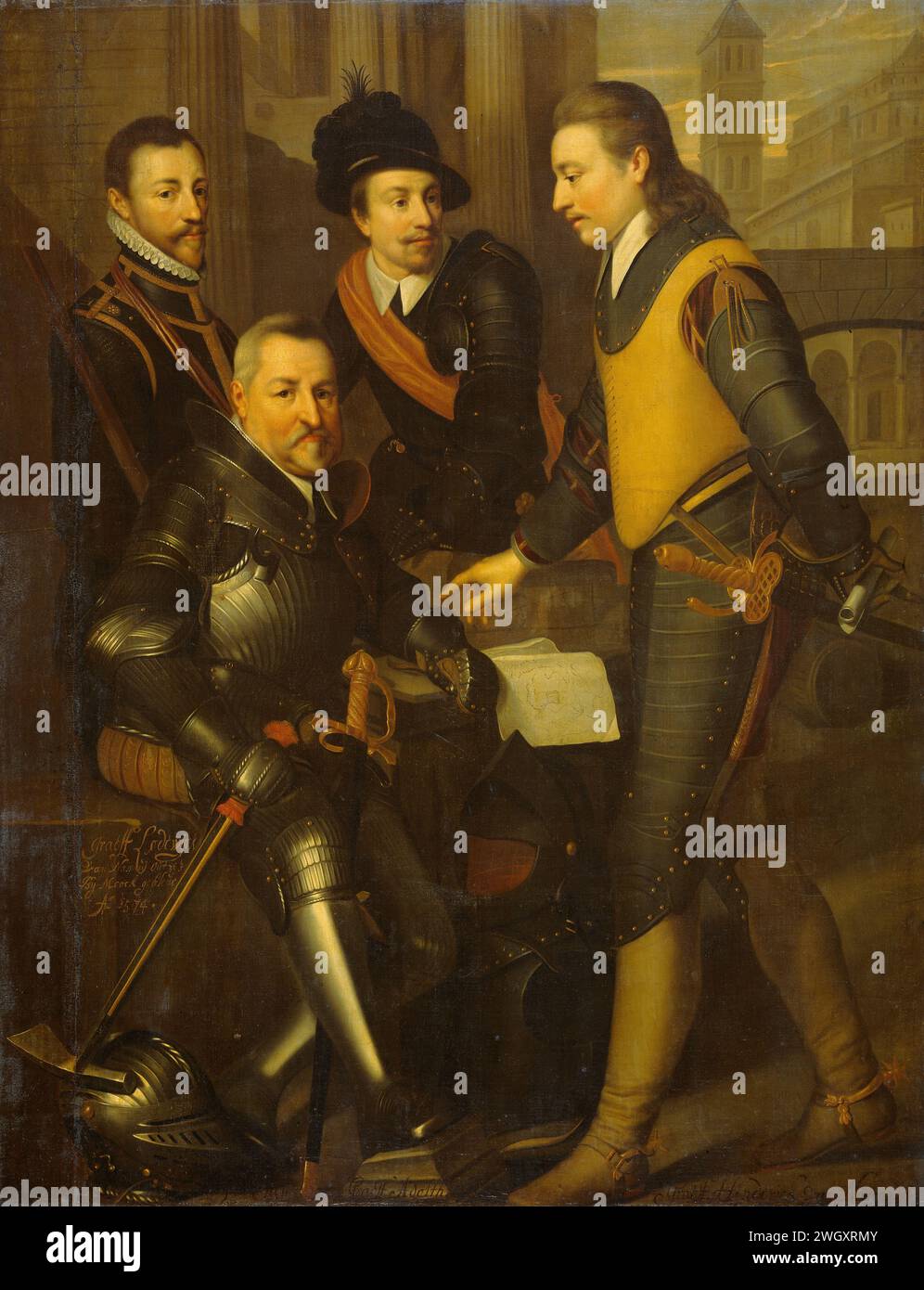 Gruppenporträt der vier Brüder Wilhelm I., Prinz von Orange: Jan (1535-1606), Hendrik (1550-74), Adolf (1540-68) und Lodewijk (1538-74), Grafen von Nassau, Wybrand de Geest (Werkstatt oder), um 1630 Gemälde der vier Gräber von Nassau-Dillenburg, der Brüder von Willem I., Prinz von Orange: Jan de Oude (Sitzung) Hendrik, Adolf und Lodewijk. Wird vor einem Hintergrund der Architektur angezeigt. Auf dem Tisch zwischen ihnen befindet sich eine Karte, Helme auf dem Boden und Teile des Gurtzeugs. Jan hat einen Kampfhammer in der Hand. Leinwand. Ölfarbe (Farbe) historische Personen Stockfoto